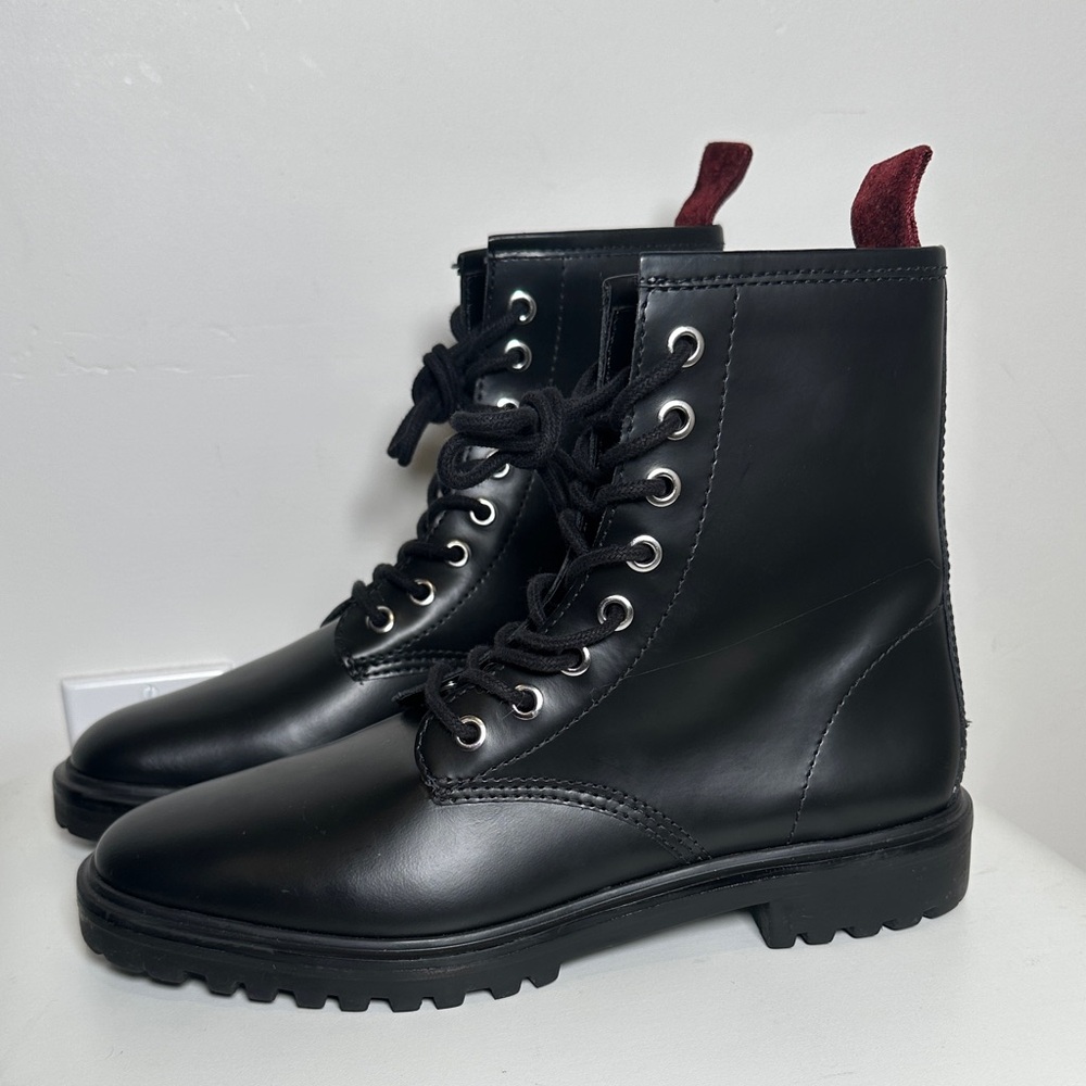 SCHUTZ Black Leather Lace-Up Boots with Red Accent